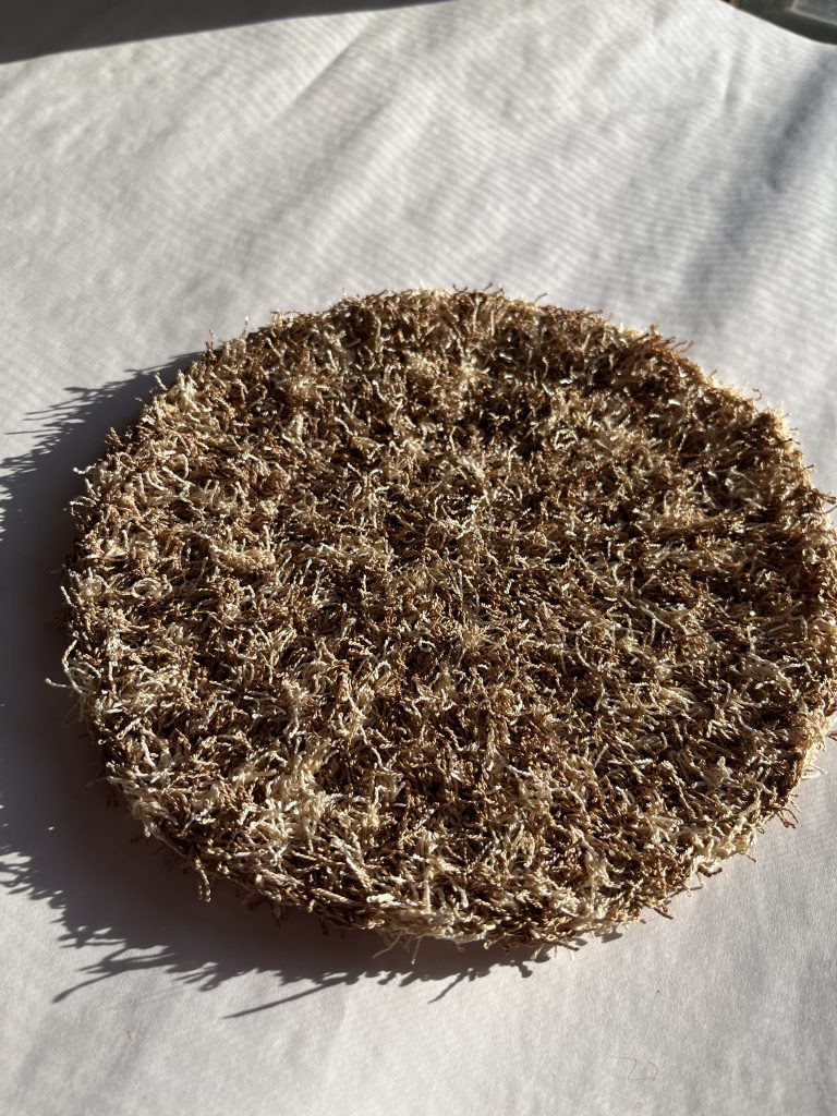 Image of a 'Better than a Loofah' cloth. It is a round exfoliating cloth that is brown.